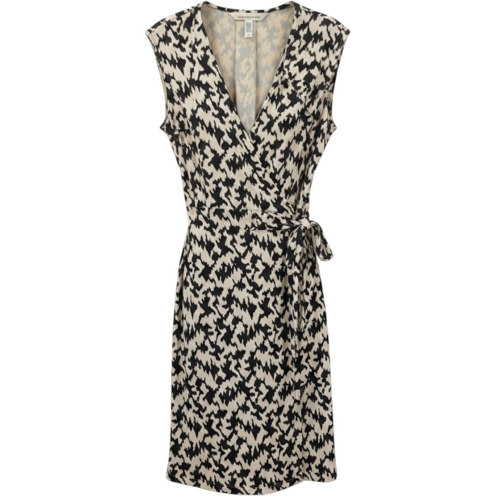 Diane von Furstenberg 100% Silk Wrap Dress Black Cream Ikat Print Sleeveless 8